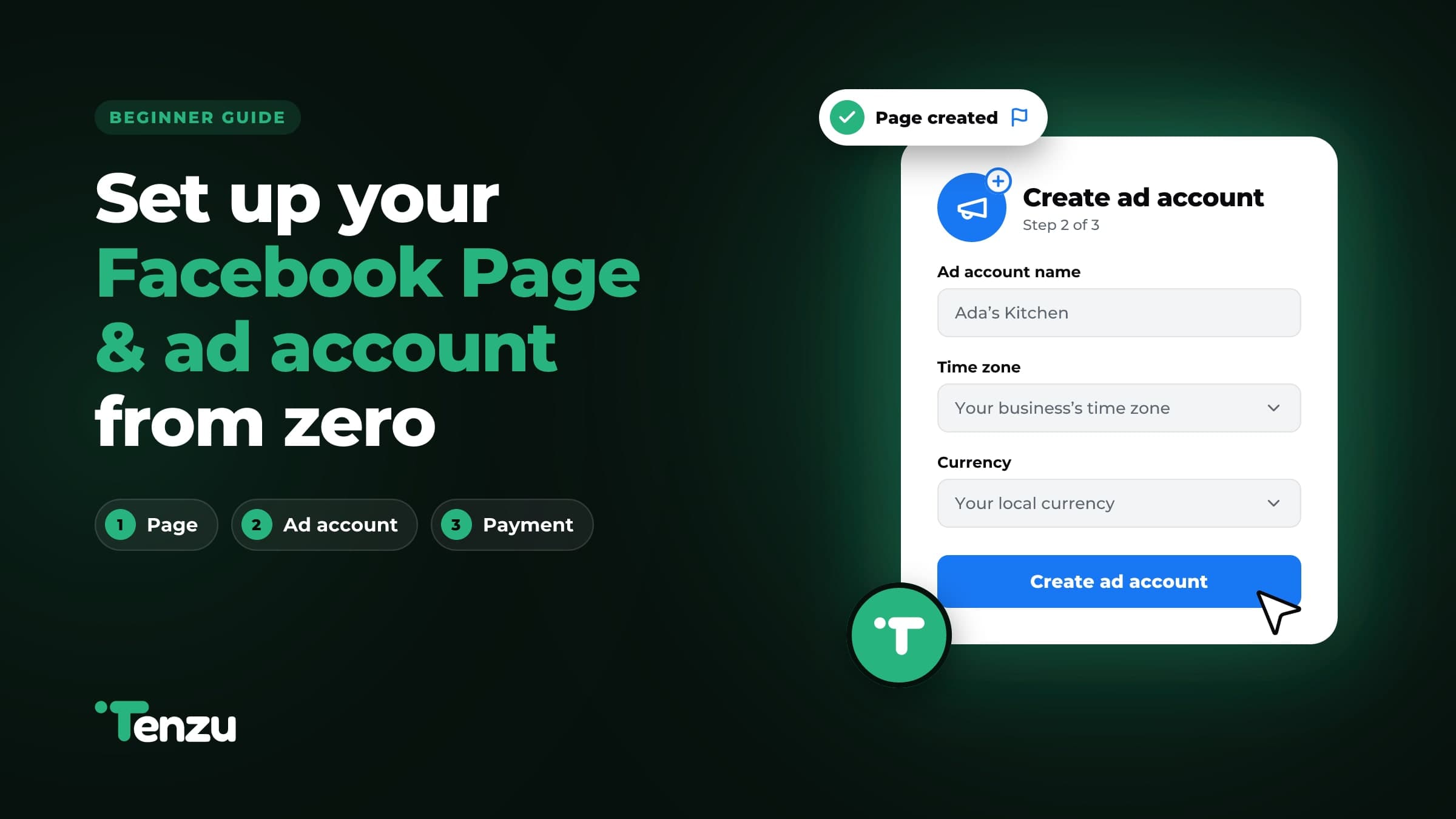 Illustration: “Set up your Facebook Page & ad account from zero”, with a Create ad account form and the Tenzu logo