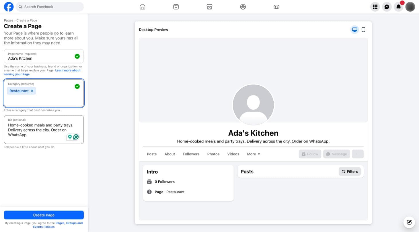 Facebook’s Create a Page screen with the name Ada’s Kitchen, the category Restaurant and a short bio filled in, and a live preview of the Page on the right